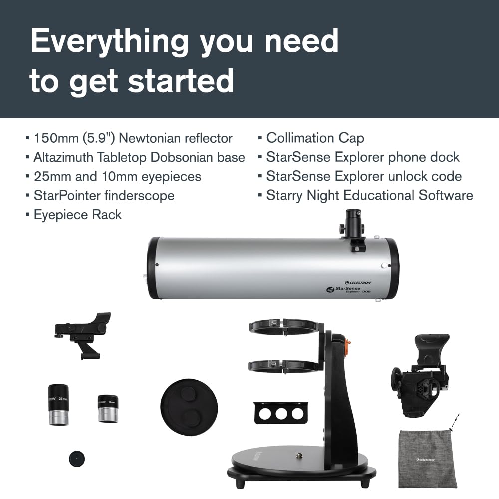 Celestron StarSense Explorer 150AZ Telescope – 150mm Tabletop Dobsonian, App-Enabled, Smartphone Dock, iPhone & Android, Beginner-Friendly