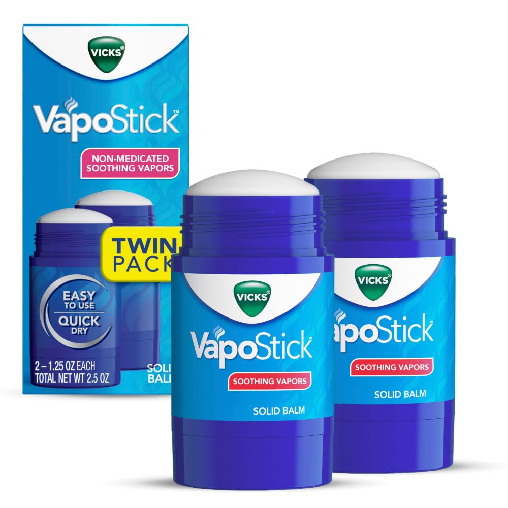 Vicks VapoStick Solid Balm Twin Pack – No-Mess, Non-Medicated Soothing Vapors with Easy No-Touch Applicator, Quick Dry, 1.25oz Each (2 Count)