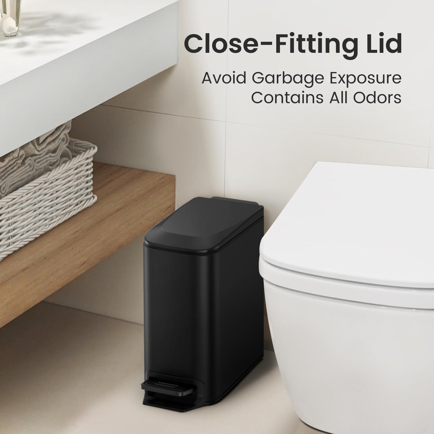 Cesun Small Bathroom Trash Can with Lid, Soft Close Step Pedal, 6L/1.6 Gal Stainless Steel Garbage Bin with Removable Bucket, Matte Black