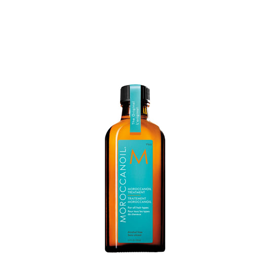 Moroccanoil hair treatment bottle on a white background