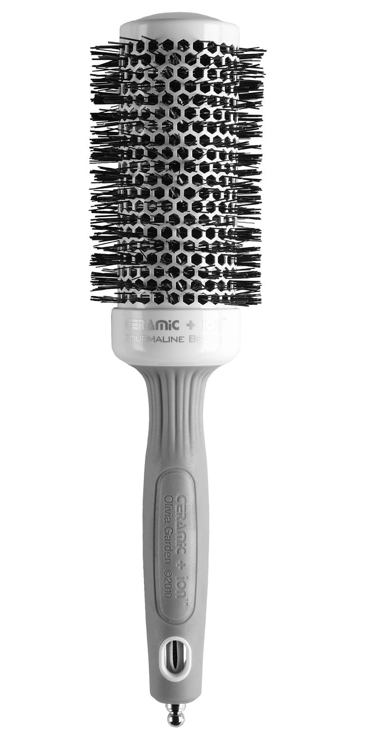 Olivia Garden Ceramic + Ion Round Thermal Brush 1.75" – Professional Blowout Brush for Normal to Thick Hair, Non-Electrical, White & Grey