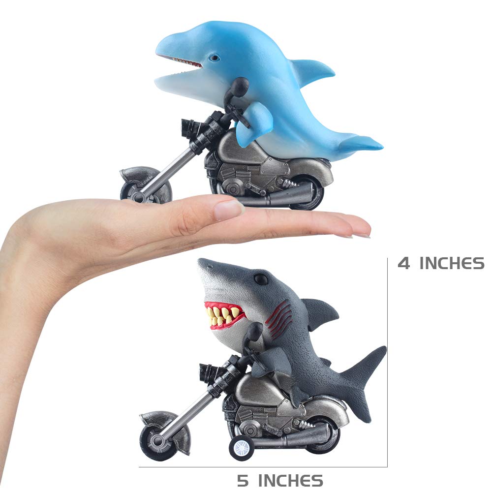 DINOBROS Shark Toy Car 2 Pack Friction Powered Motorcycle Monster Sea Animal Game Great White Shark and Dolphin Toys