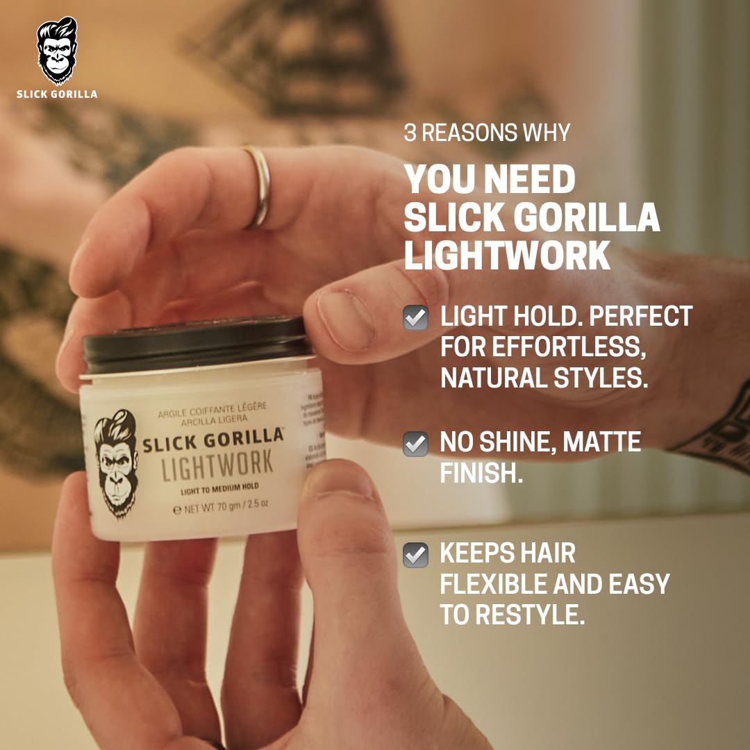 Slick Gorilla Lightwork Matte Hair Clay for Men 2.5 oz | Lightweight Water-Based Styling Clay | Flexible Hold, Natural Texture & Non-Greasy Matte Finish