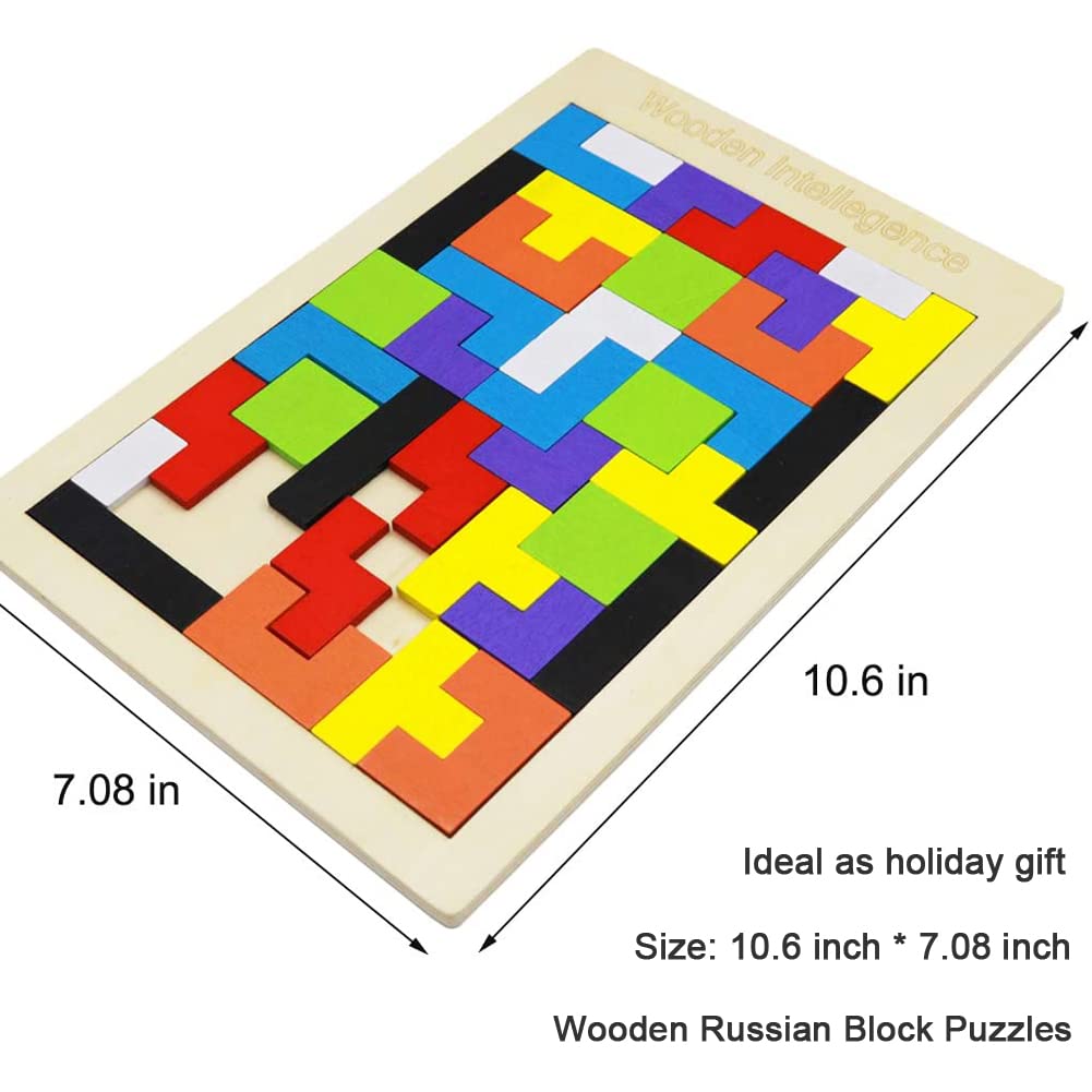 2-Pack Wooden Russian & Hexagon Block Puzzles – STEM Brain Teaser Logic Games for Kids & Adults, Educational Intelligence Toy Gift