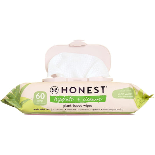 The Honest Company Hydrate & Cleanse Wipes – 60 Count, 99% Water, Plant-Based, Hypoallergenic with Aloe & Cucumber, Multi-Tasking Care
