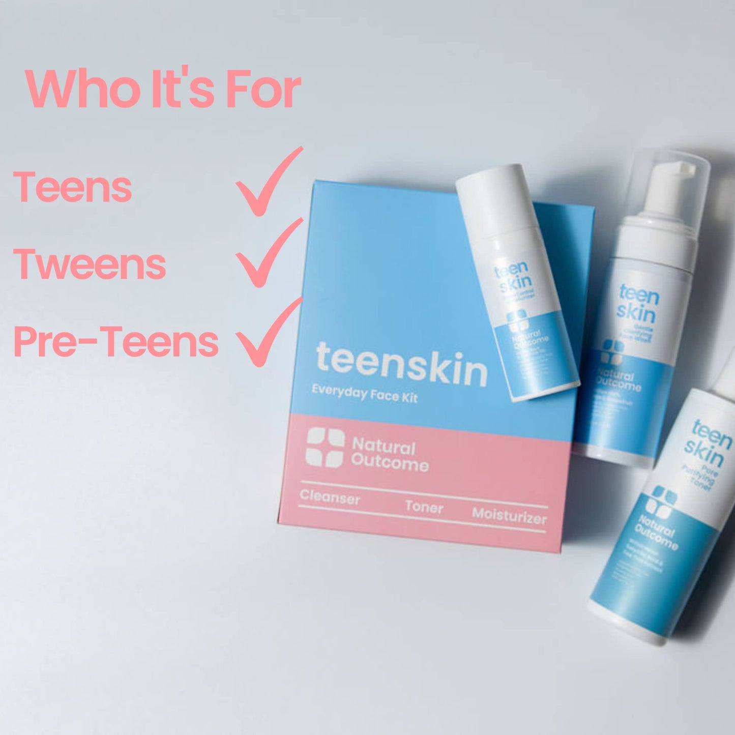 Teen Skin Care Kit 3-Step by Natural Outcome – Face Wash, Toner & Moisturizer for Acne-Prone Skin, Perfect for Teens & Preteens