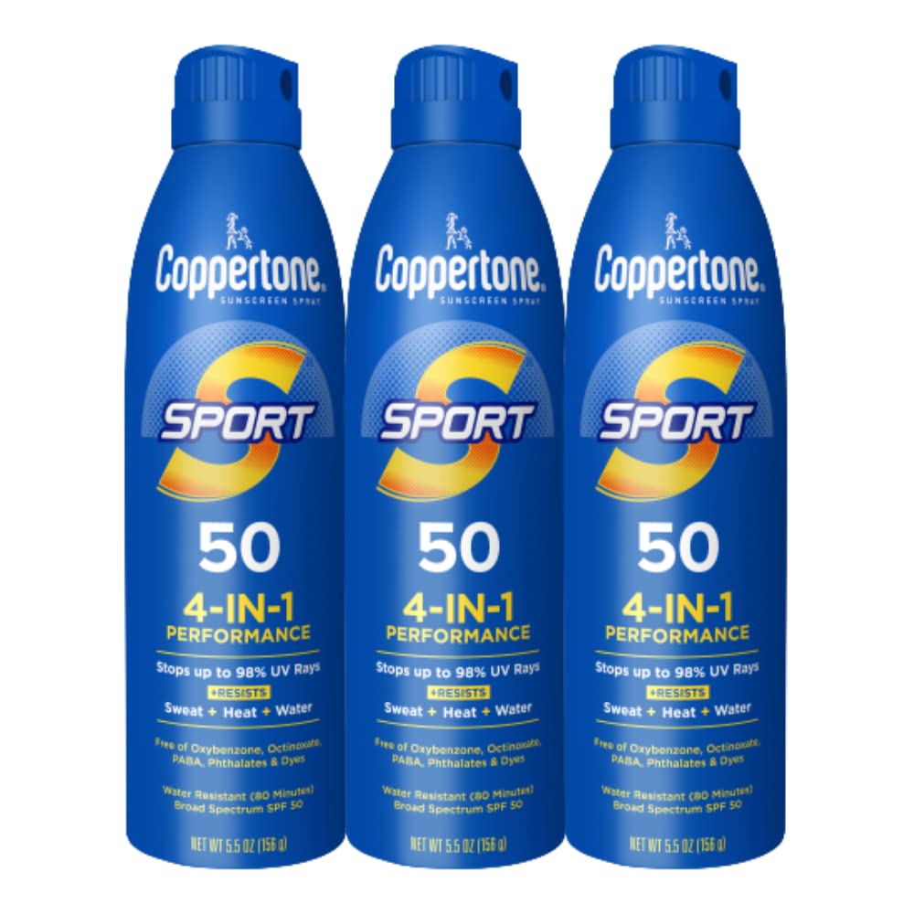Coppertone Sport SPF 50 Sunscreen Spray, Sweat & Water Resistant, Oxybenzone-Free, Lightweight Sunblock, 5.5oz, Pack of 3