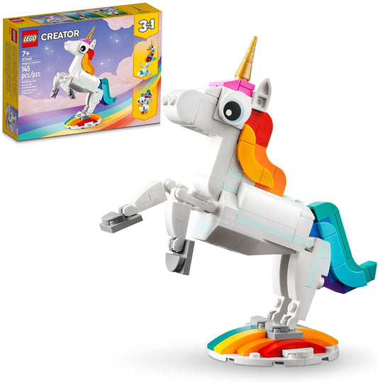 LEGO Creator 3-in-1 Magical Unicorn 31140 – Transforms into Seahorse & Peacock, Rainbow Animal Figures, Buildable Toy Gift for Kids
