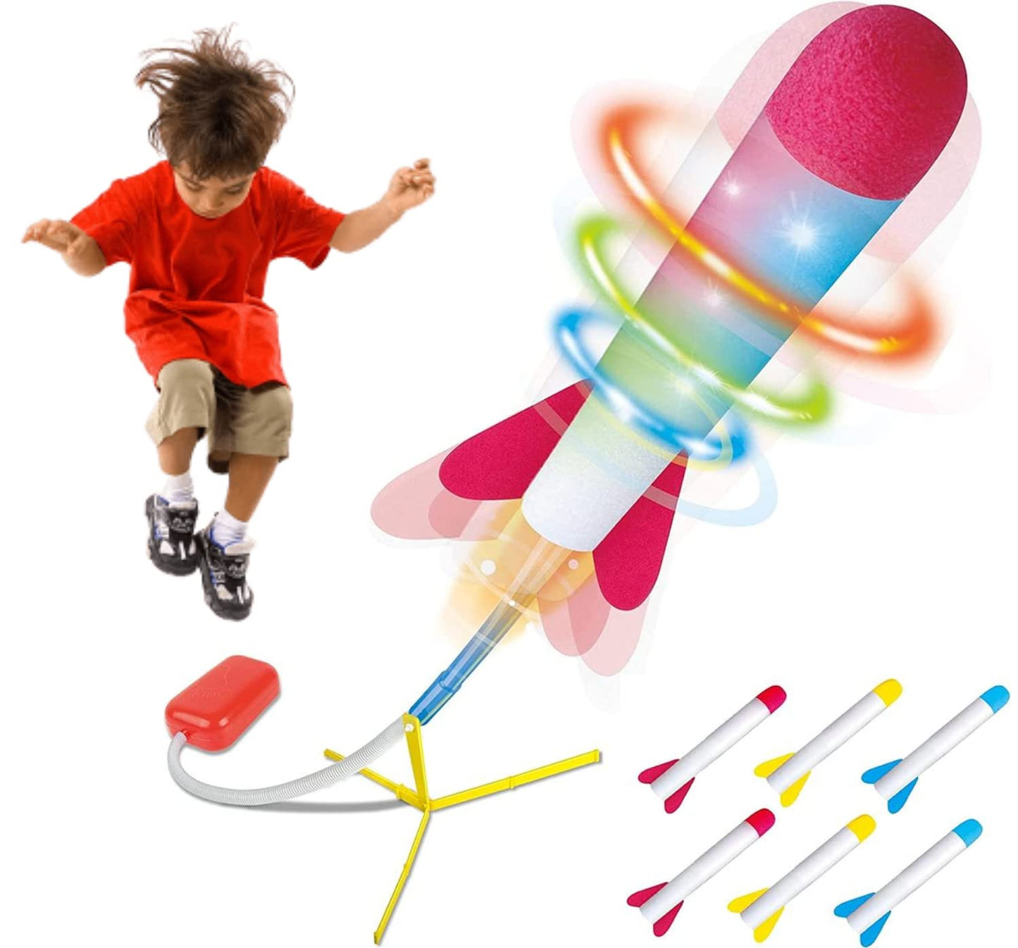 Play22 Kids Rocket Launcher Toy with LED Lights – Shoots 100+ ft, Includes 6 Foam Rockets in 3 Colors, Outdoor Fun Gift for Ages 3+