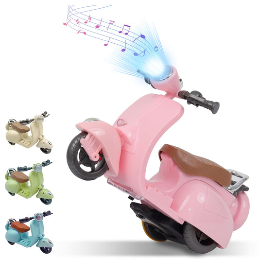 Doll Electric Scooter with 360° Rotating Lights & Music 5 Color LED Lights Cute Motorcycle Toy for Dolls, Doll Vehicle Desktop Decor (Pink)