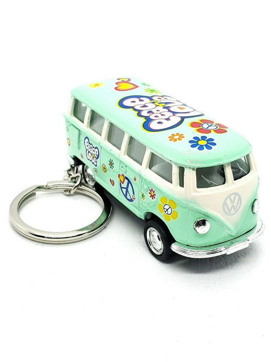 KiNSMART 1962 Volkswagen Classic Hippie Love & Peace Bus 1:64 Scale 2.5 Inch Die Cast Metal Model Key Chain, Pullback Action, Pastel Green
