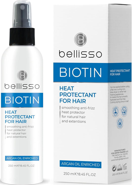 Biotin Heat Protectant Spray with Moroccan Argan Oil – Thermal Shield for Frizzy, Curly & Black Hair – Anti Frizz Leave-In Conditioner for Blow Dry & Flat Iron