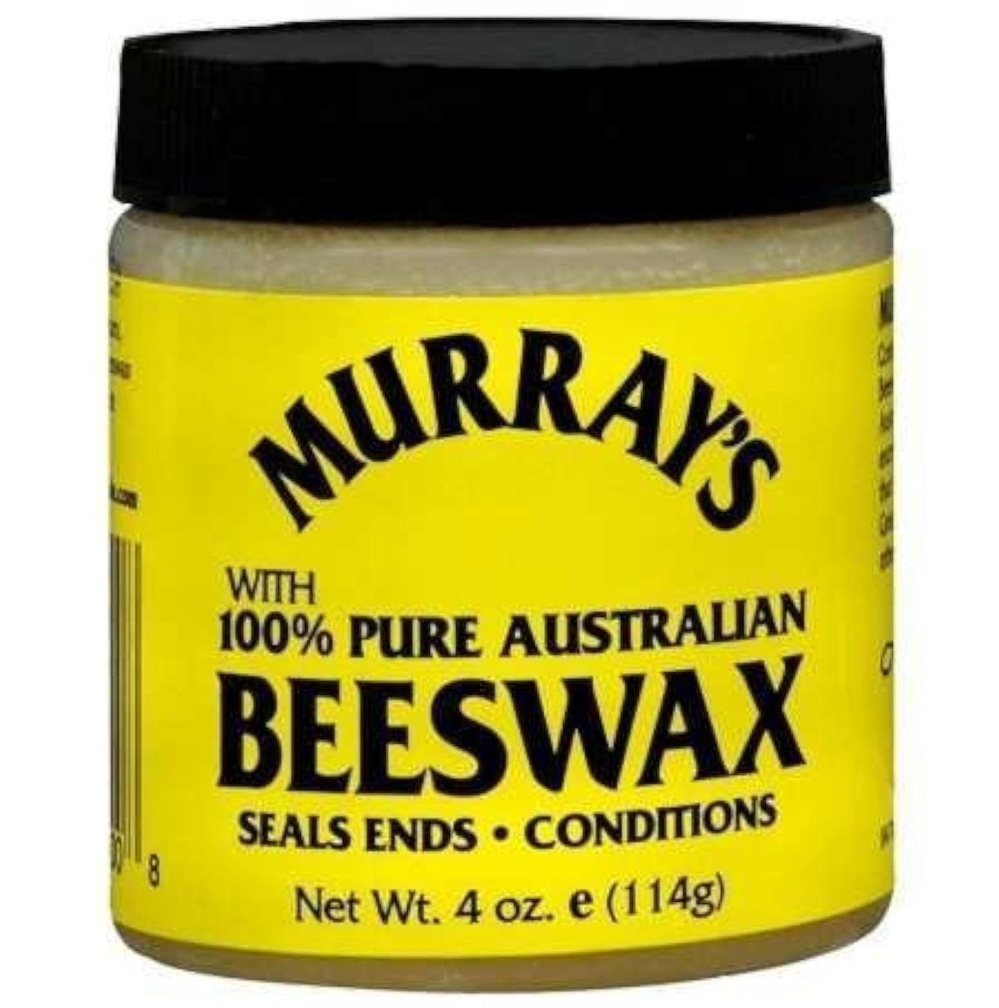 Jar of Murray's 100% Pure Australian Beeswax with a yellow label and black lid.
