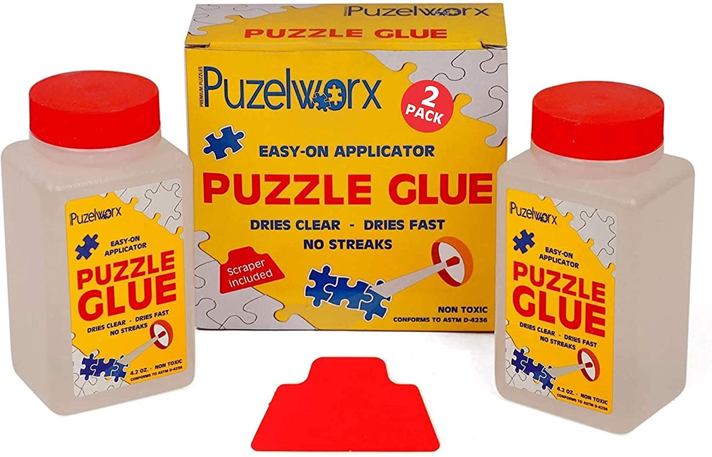 PuzzleWorx Jigsaw Puzzle Glue, Easy-On Applicator Pack of 2, Non Toxic Clear Glue for 1000/1500/2000 Piece Puzzles 4.2 oz Each Bottle (Total 8.4)