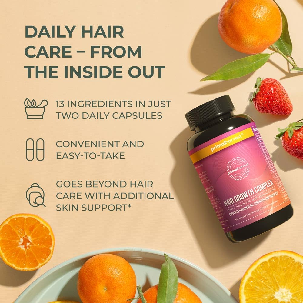 Primal Harvest Hair Growth Vitamins for Women & Men – 60 Capsules for Thicker, Fuller Hair – Biotin & Zinc Supplement for Healthy Hair Regrowth