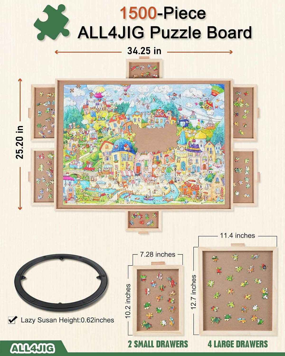 ALL4JIG 1500 Pieces Rotating Puzzle Board with 6 Drawers and Cover,25"x34"Portable Wooden Jigsaw Puzzle Table for Adults,Lazy Susan Spinning Puzzle Boards Birthday Gift for mom