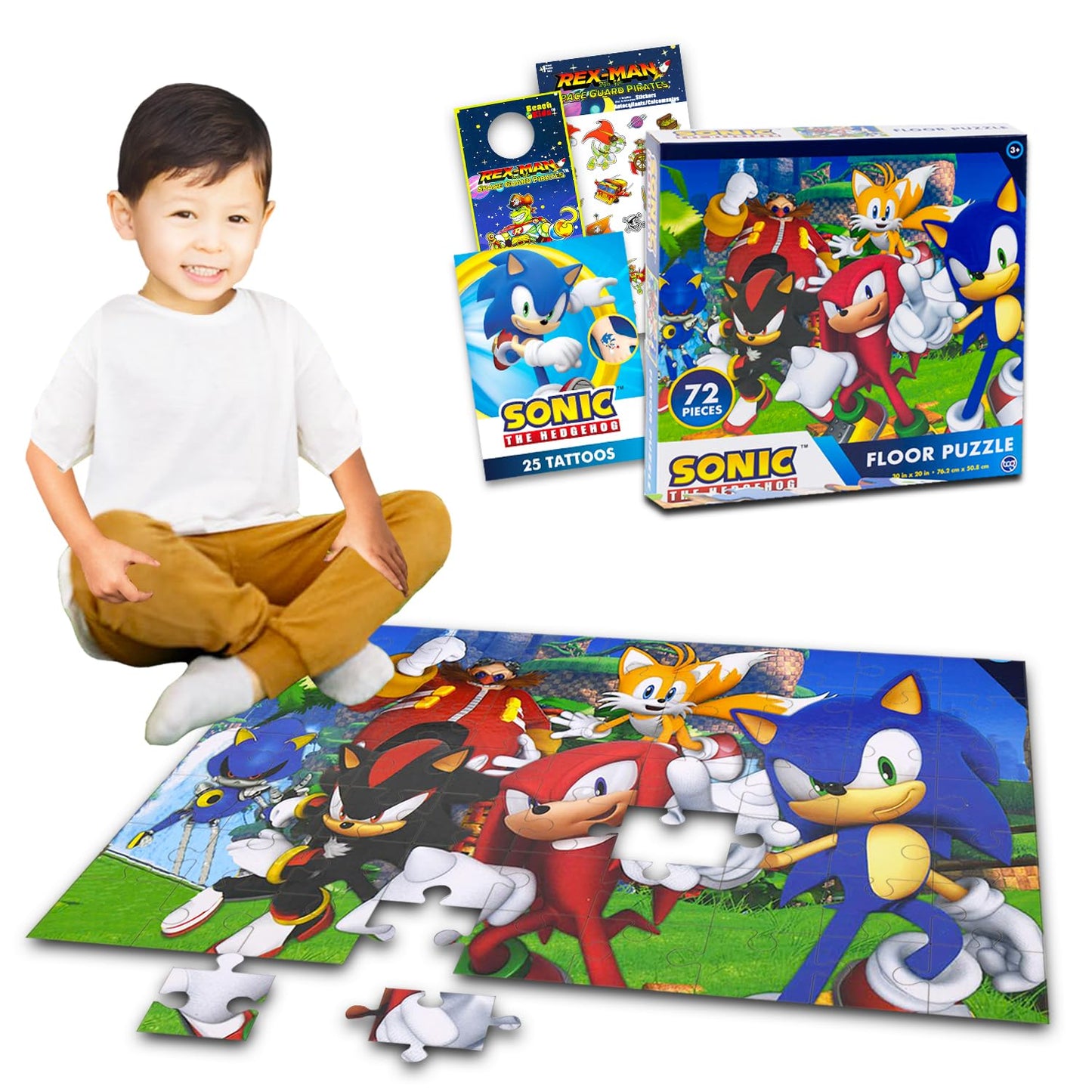 Sonic the Hedgehog Floor Puzzle Set – 72-Piece Jigsaw Puzzle Bundle with Stickers, Tattoos & More, Fun for Kids Ages 5+