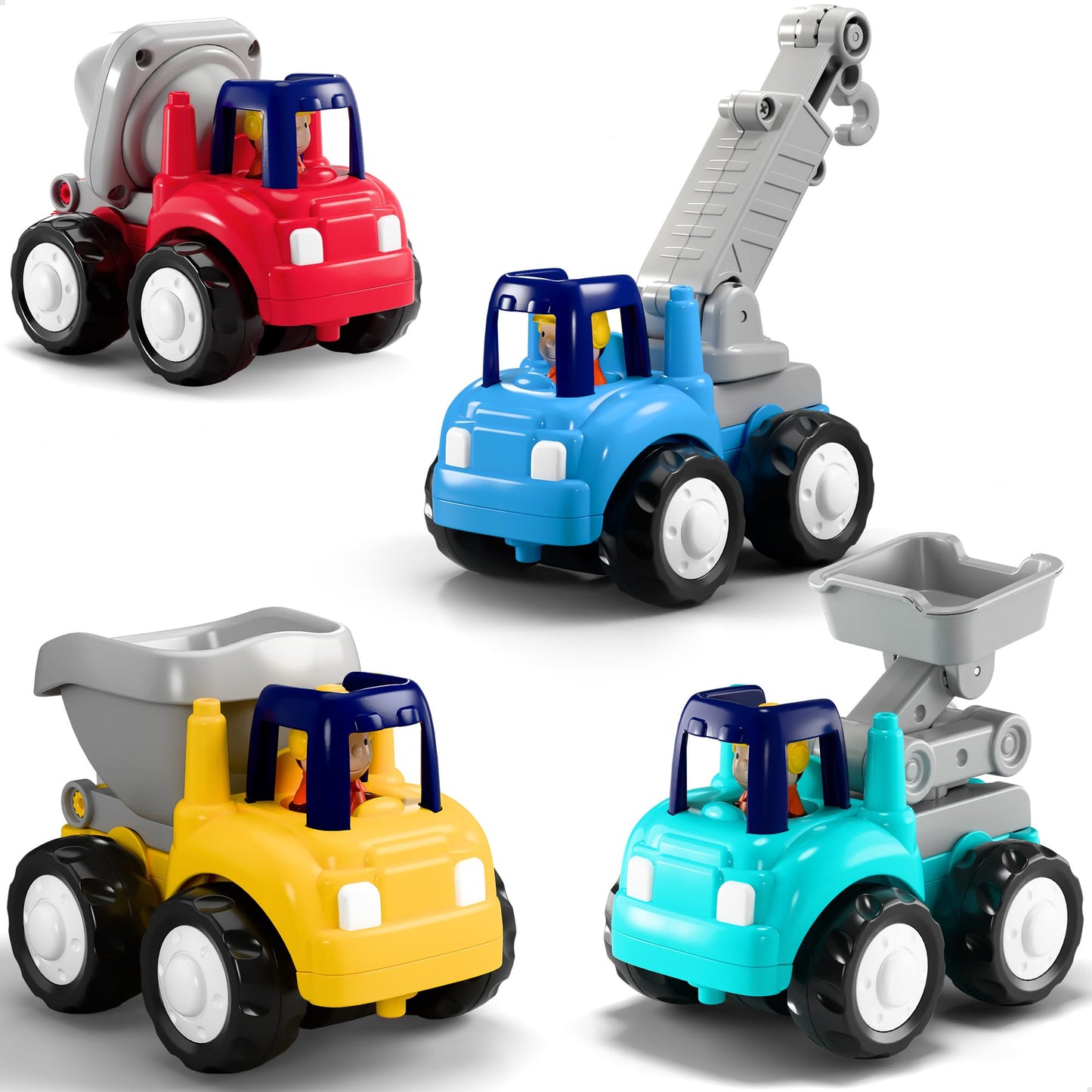 iPlay iLearn Toddler Construction Truck Set – Friction Cars, Crane, Dump & Cement Trucks, Push & Go Vehicles for 1-4 Yr Old Boys & Girls