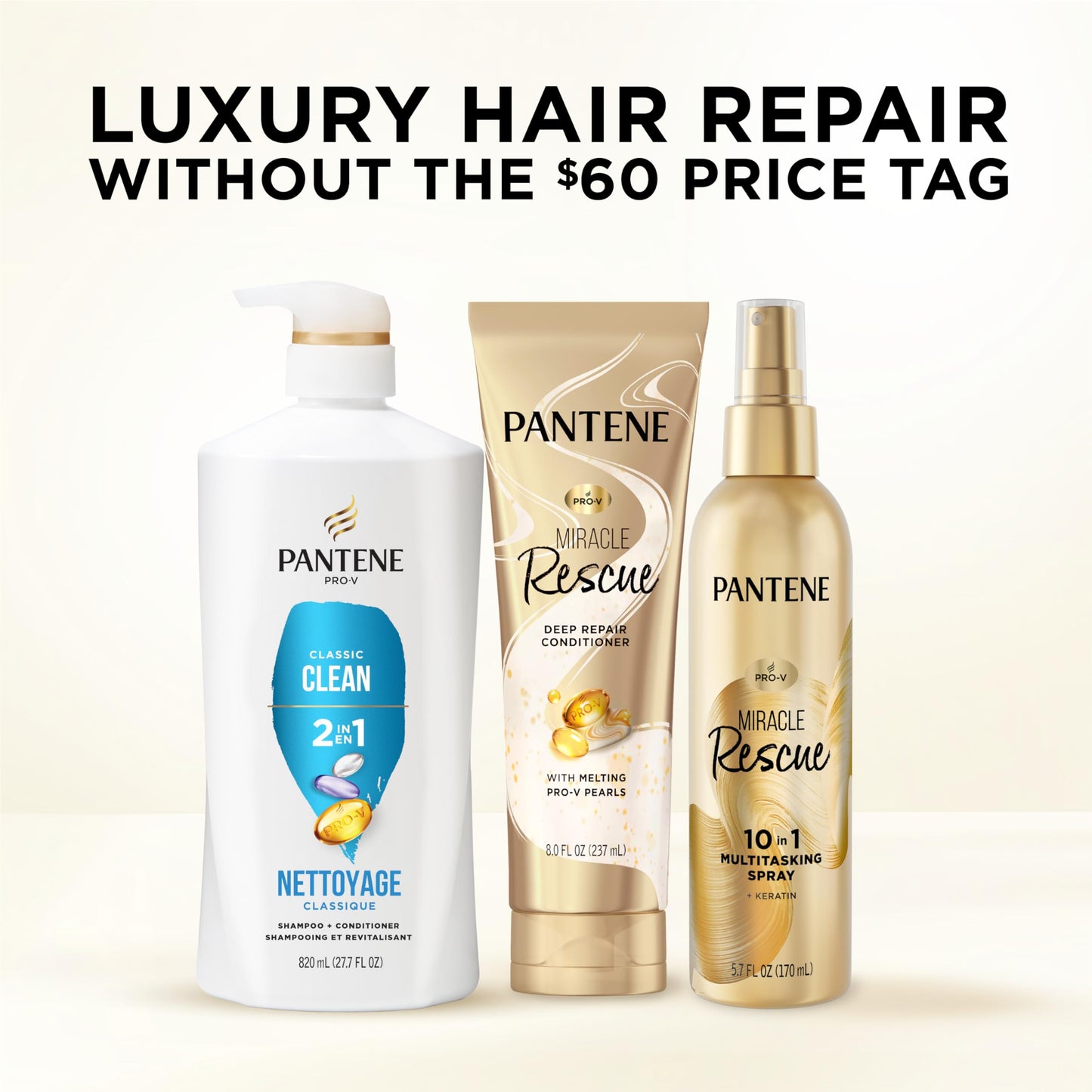 Pantene 2-in-1 Classic Clean Shampoo & Conditioner | Pro-V Nutrients for Dry, Color-Treated Hair | 27.7 Oz, 2-Pack + 0.5 Oz Rescue Shot