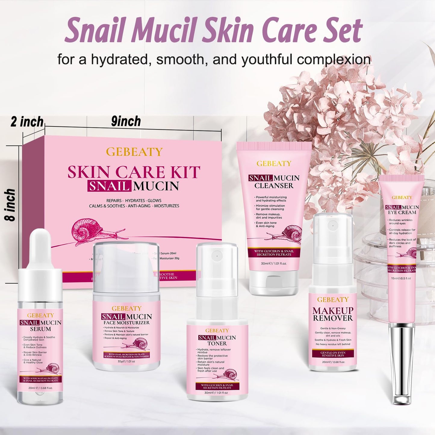Korean Snail Mucin Skincare Set – 6 Pcs Anti-Aging, Hydrating & Repairing Glass Skin Kit for Dull, Dry Skin – Gift Set for Women & Teens