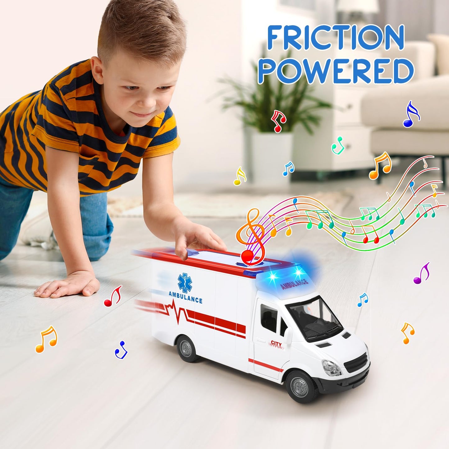 Friction-Powered Toy Ambulance for Kids 3-5, 4 Flashing Lights & Sound, Opening Doors, Hospital Playset Birthday Gift for Boys & Girls