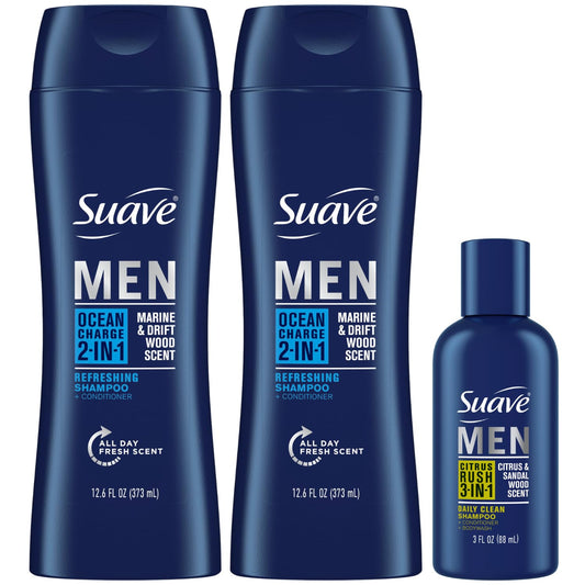 Suave Men 3-in-1 Body Wash, Shampoo & Conditioner Citrus Rush Travel Size + 2-in-1 Ocean Charge Full Size Twin Pack (3 Pc Set)