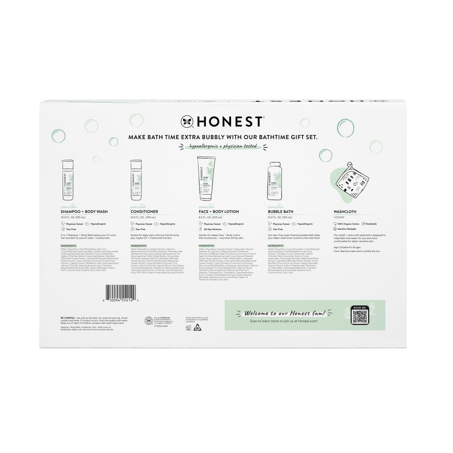 The Honest Company Fragrance-Free Bathtime Gift Set – Hypoallergenic Shampoo, Body Wash, Lotion, Bubble Bath & Conditioner for Sensitive Skin
