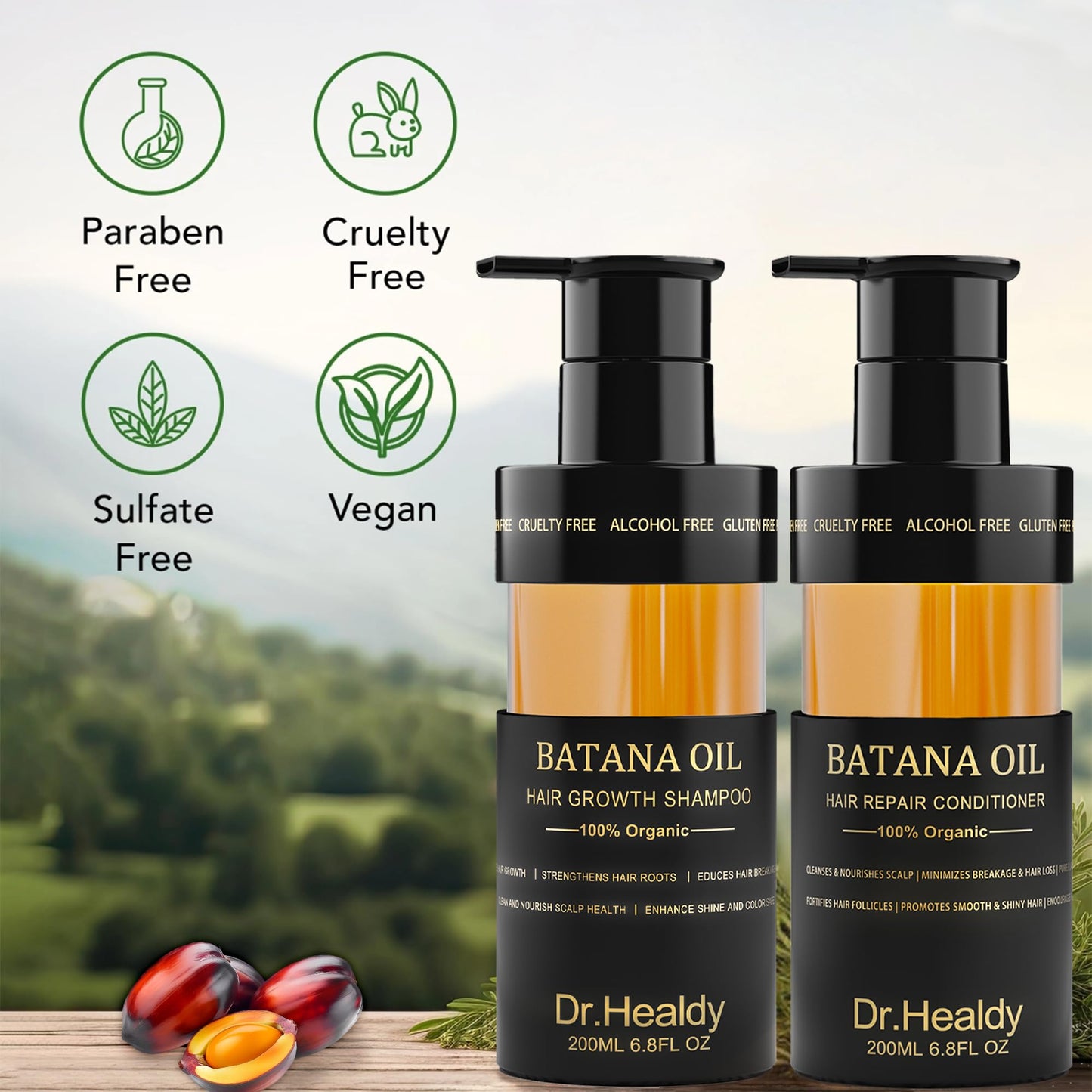 Dr. Healdy Batana Oil Shampoo & Conditioner Set – Hair Growth & Thickening, Hydrating, Sulfate-Free, Fights Hair Loss & Clarifies Scalp, 6.8 Fl Oz×2