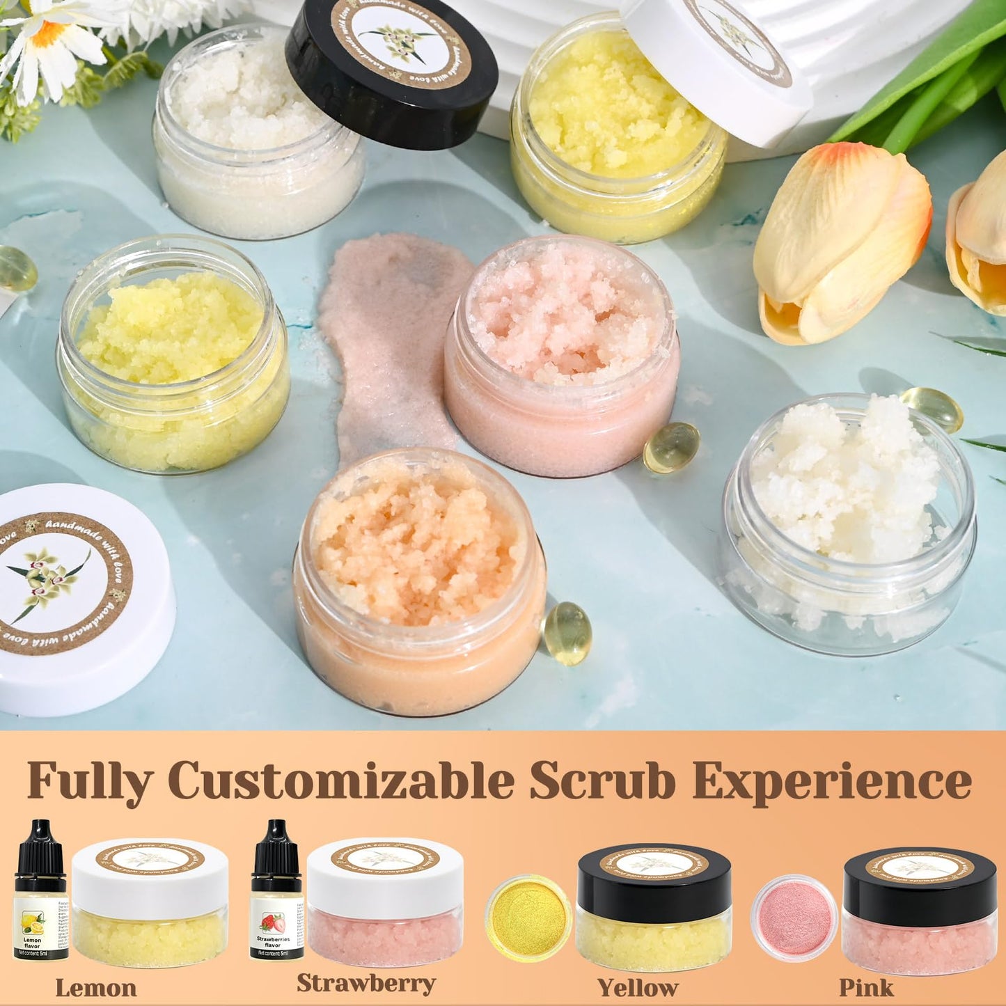 JUYRLE DIY Sugar Lip Scrub Kit, 35pcs – Make Your Own Moisturizing & Exfoliating Lip Scrubs with Shea Butter, Almond & Essential Oils