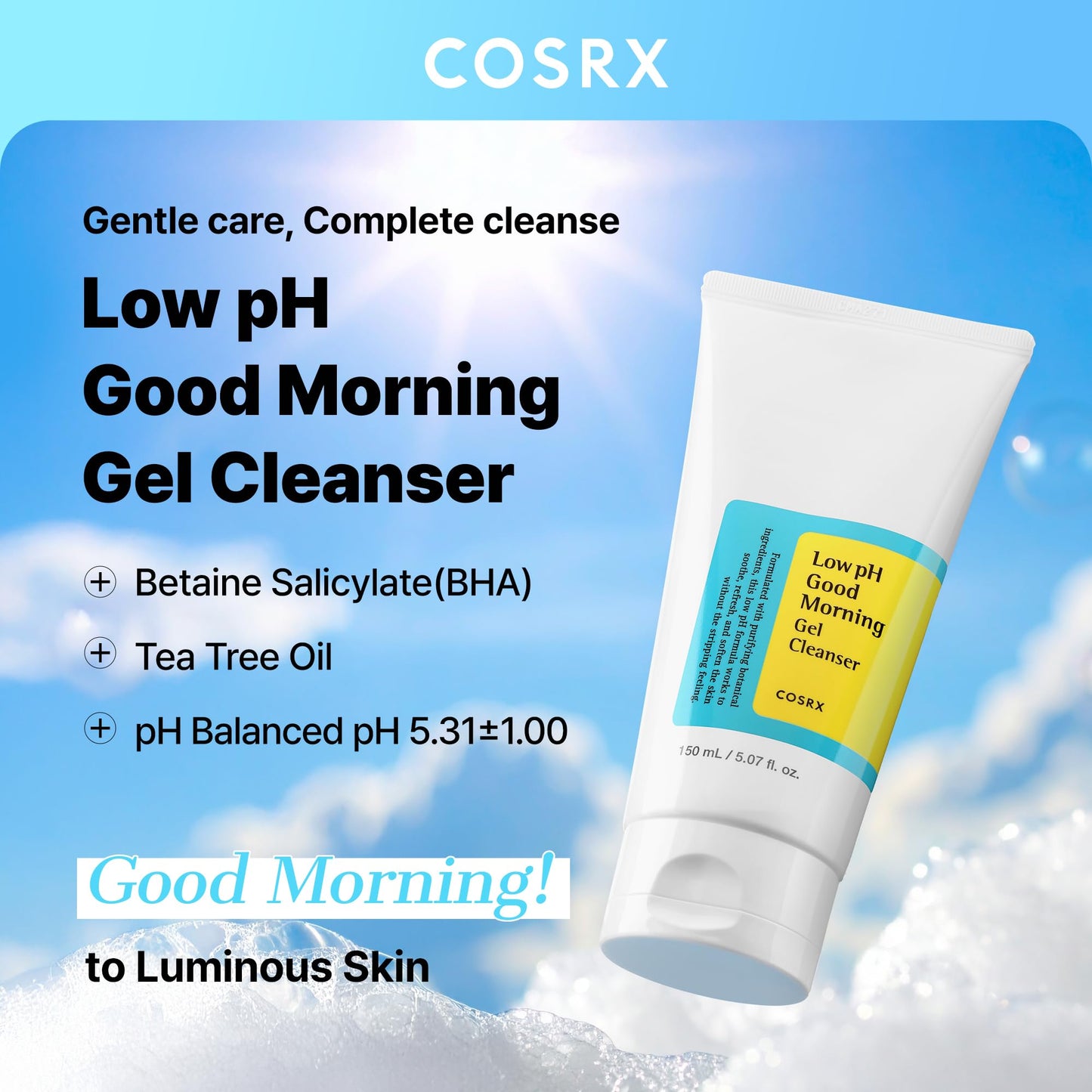 COSRX Low pH Good Morning Gel Cleanser 5.07 fl oz – Mild Daily BHA Face Wash, PH-Balancing, Korean Skincare for Sensitive Skin