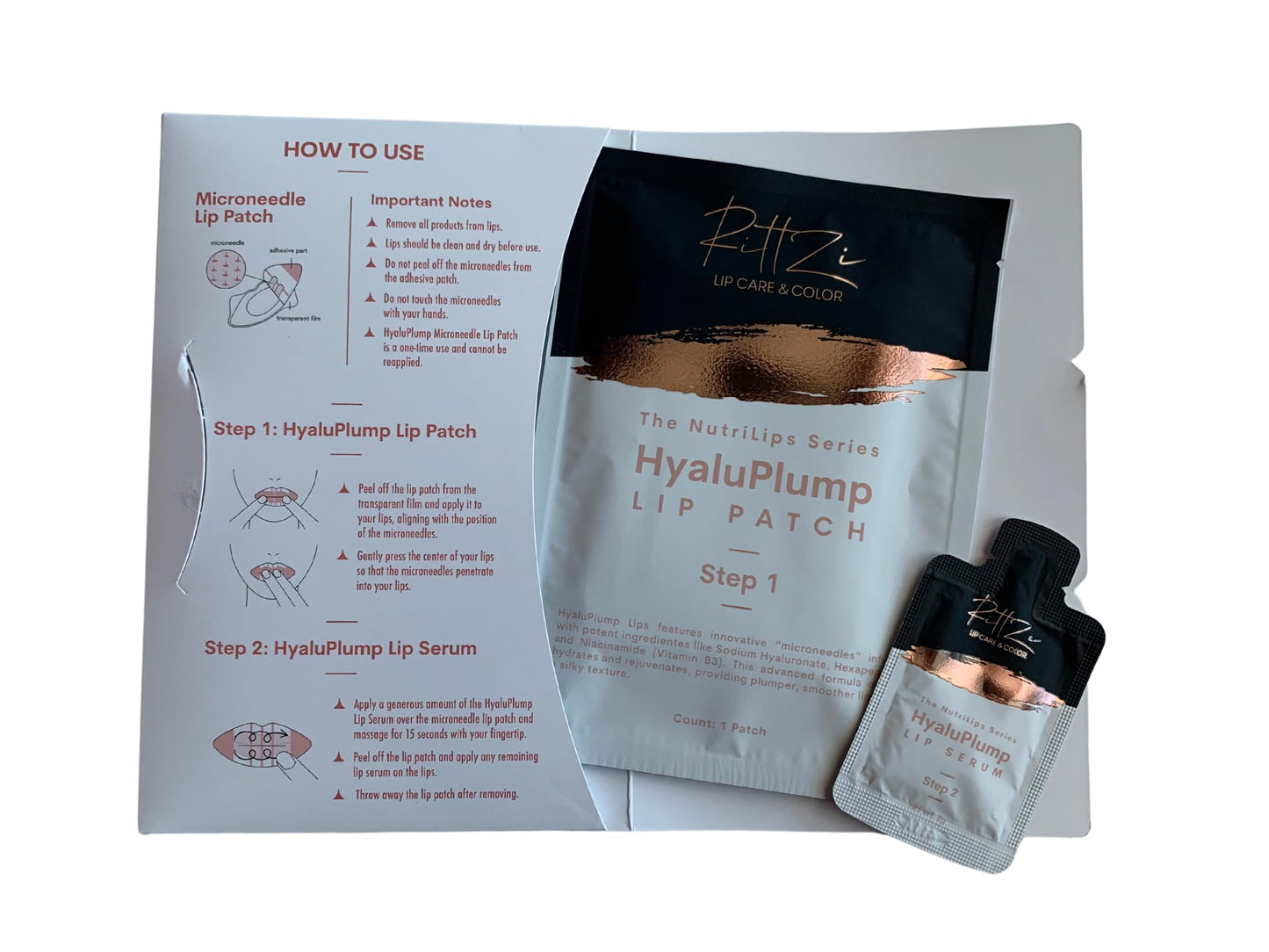 RittZi HyaluPlump Lips 2-Step Lip Care System – 800 Self-Dissolving Microneedles with Hyaluronic Acid, Niacinamide & Peptides for Plumper Lips