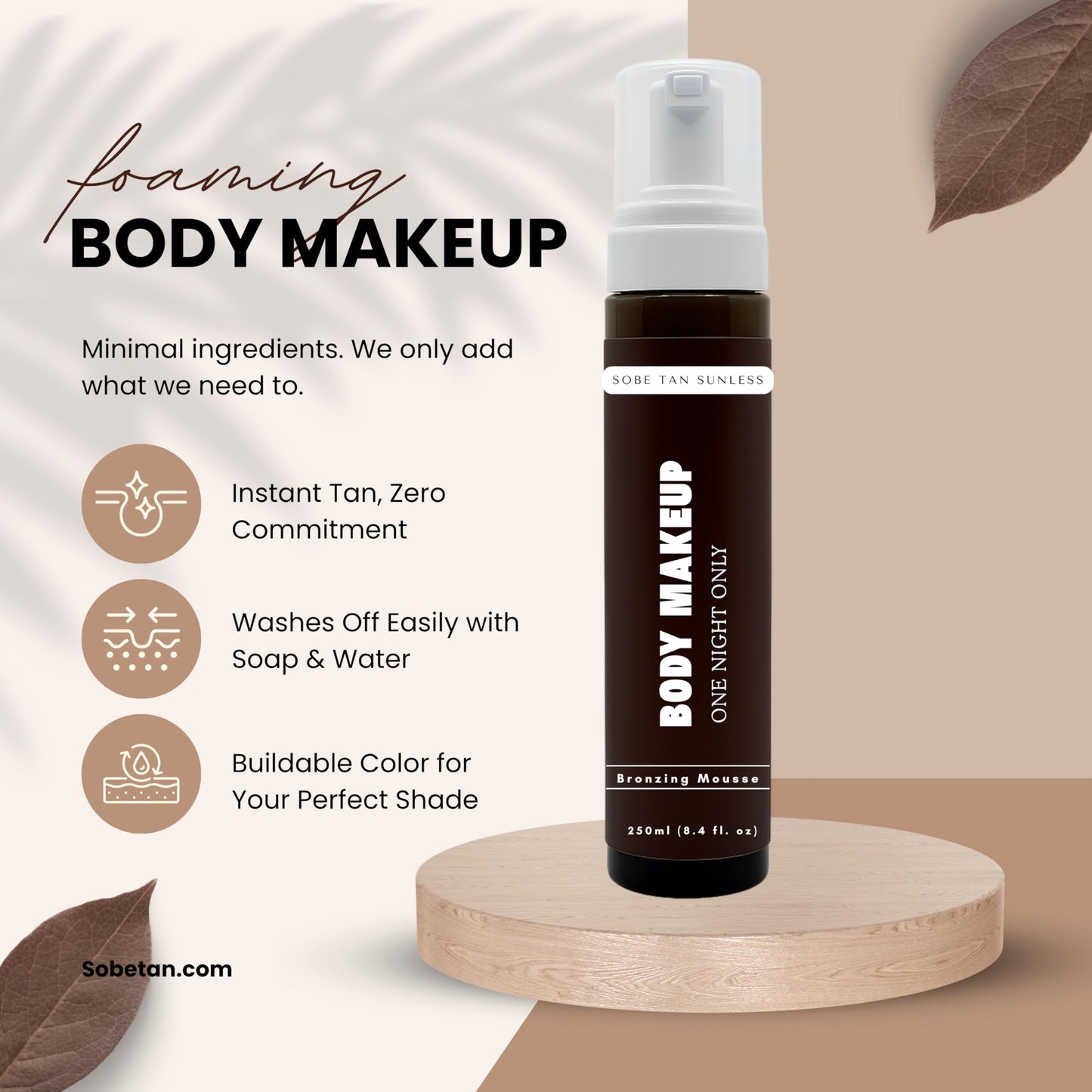 SoBe Tan Body Makeup Mousse 8.5 fl oz – Instant Wash-Off Bronzing Foam, DHA-Free, Streak-Free, Transfer & Fragrance Resistant with Mitt