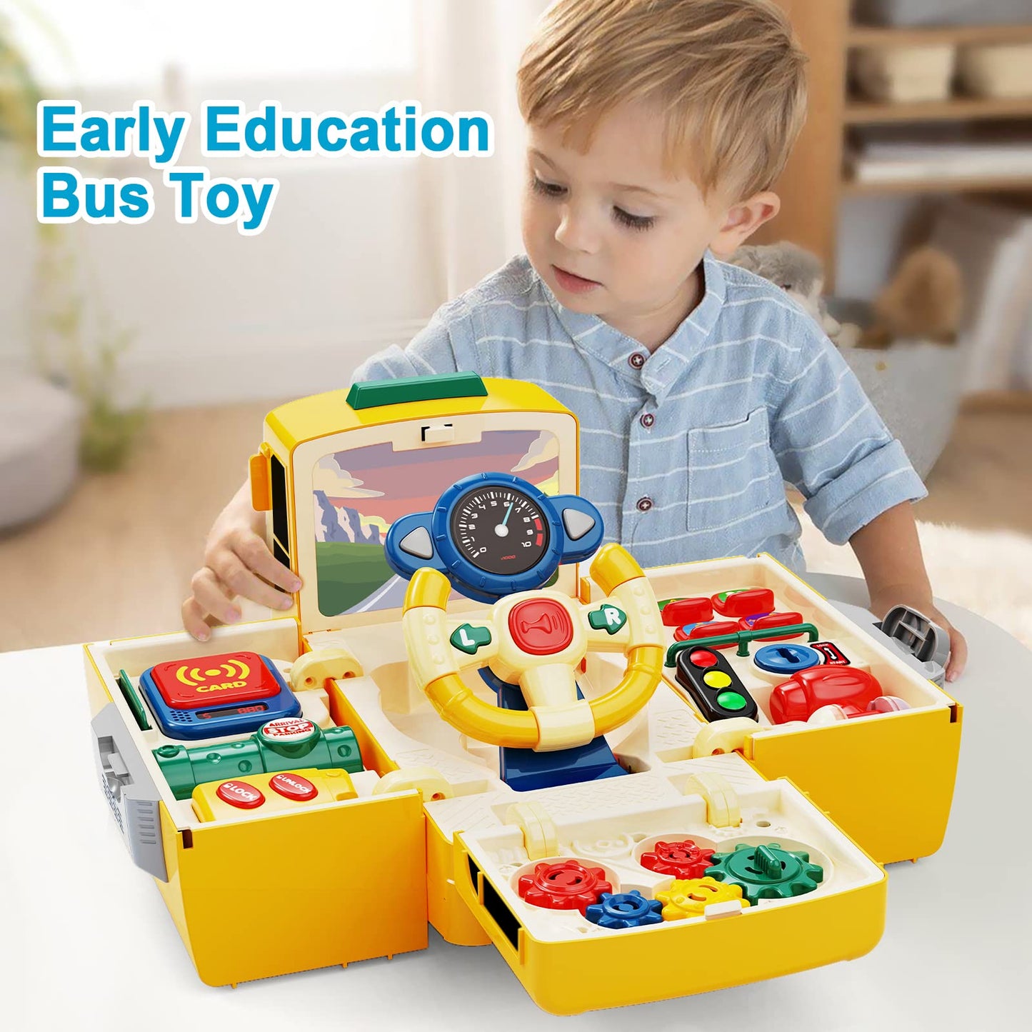 HONGTUO School Bus Toy with Sound and Light, Simulation Steering Wheel, Toddlers School Bus with Music Education, Gift for 1-3-5 Boys & Girls