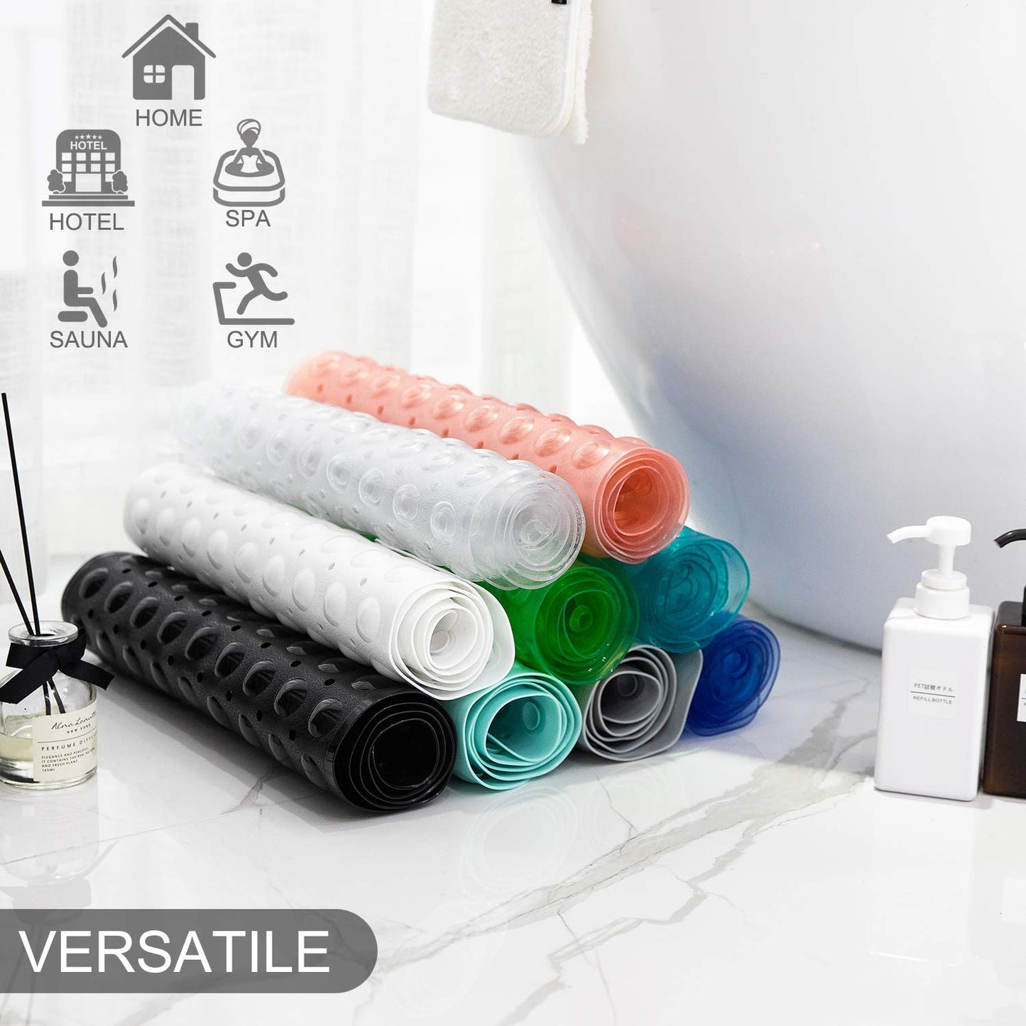 TEESHLY Extra Long Non-Slip Bathtub Mat 39x16" – Drain Holes & Suction Cups, Machine Washable Bath Mat for Shower (Clear Grey)