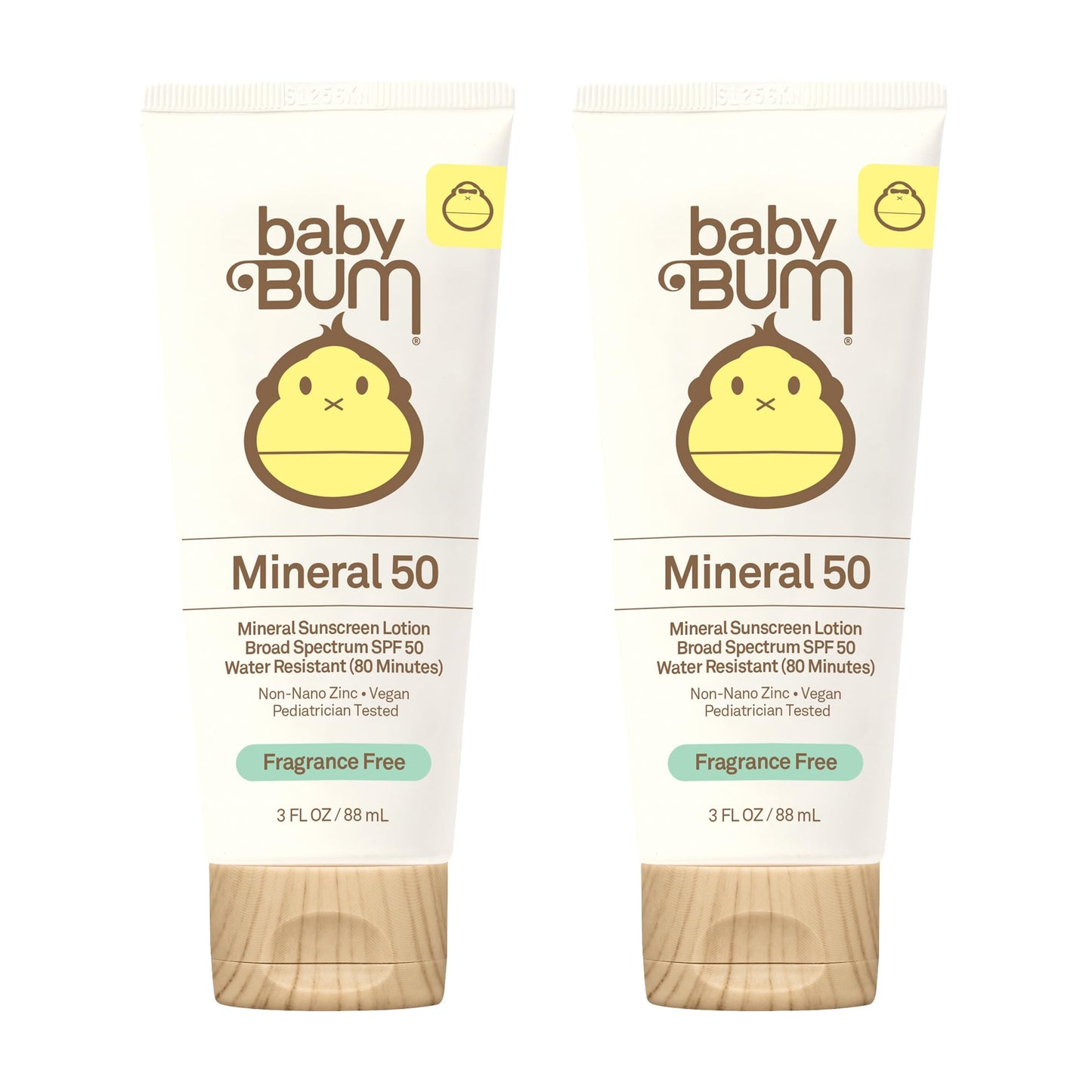 Baby Bum Mineral Sunscreen SPF 50 for Face & Body, Fragrance-Free, Sensitive Skin Safe, Travel Size 3oz, Pack of 2