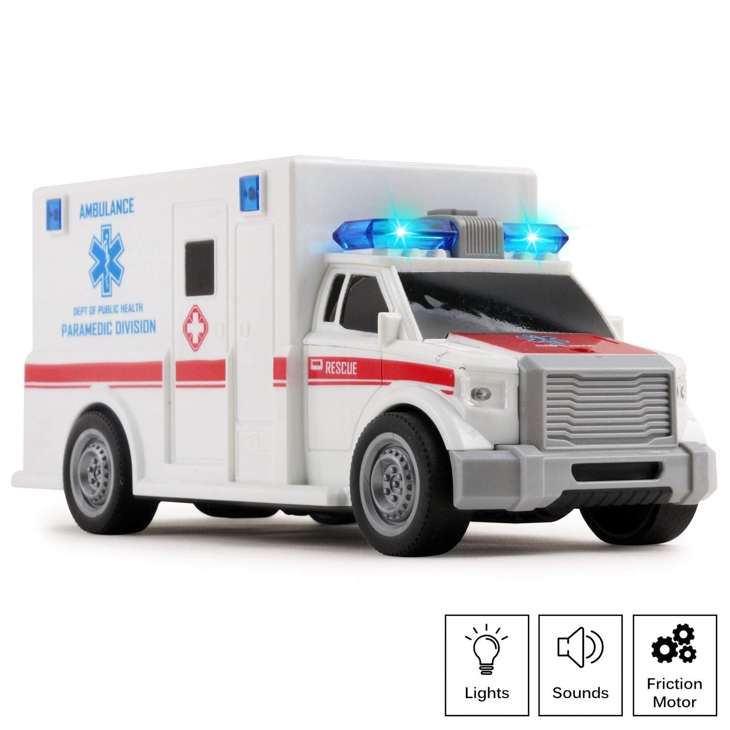 Vokodo 1:20 Scale Rescue Ambulance Toy Car – Friction Powered with Lights & Sounds, Push & Go Medical Emergency Vehicle for Kids