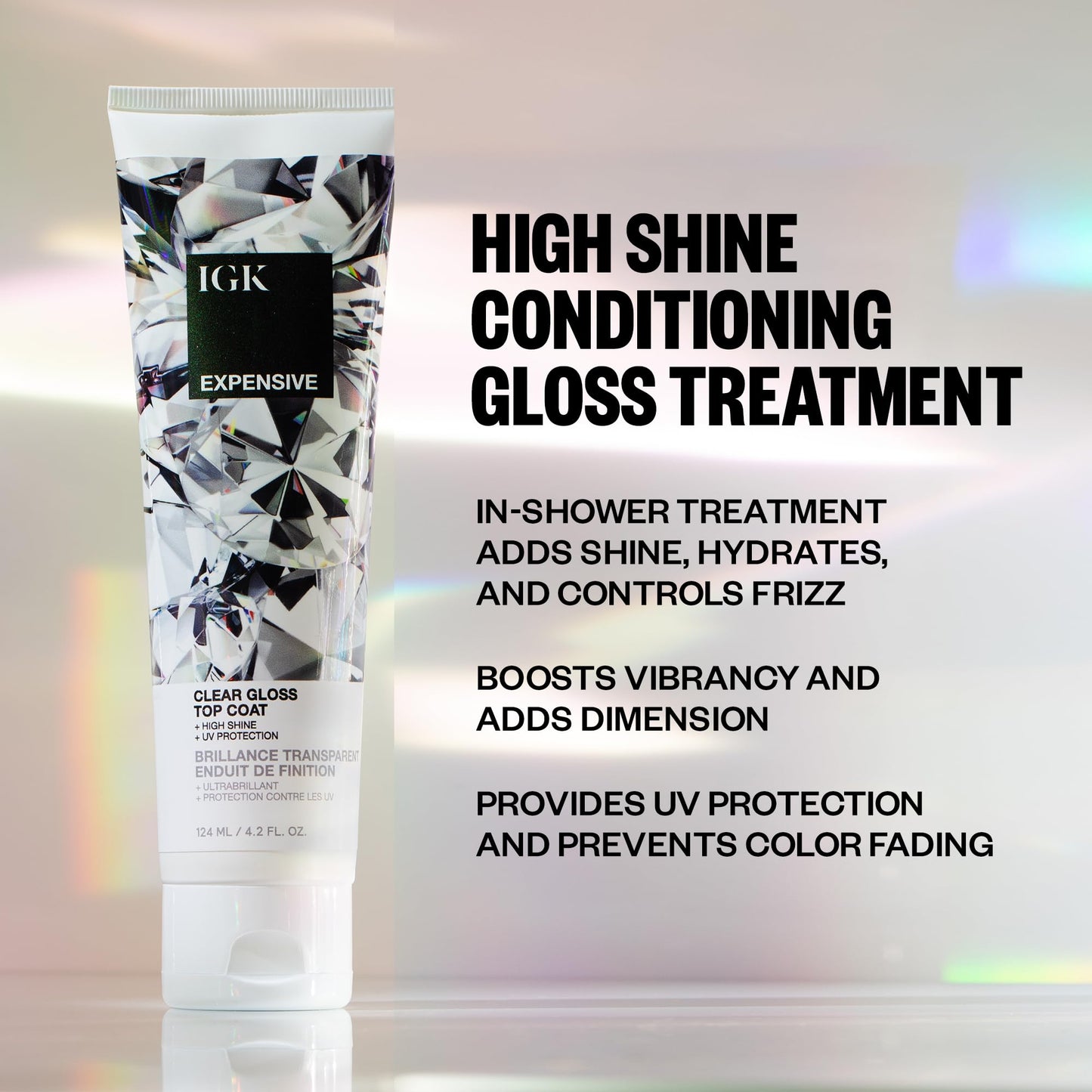 IGK EXPENSIVE Clear Hair Gloss Treatment – Shine-Boosting Top Coat for Smooth, Polished, Glass-Like Hair – Adds Sheen & Silkiness – Cruelty Free, 4.2oz