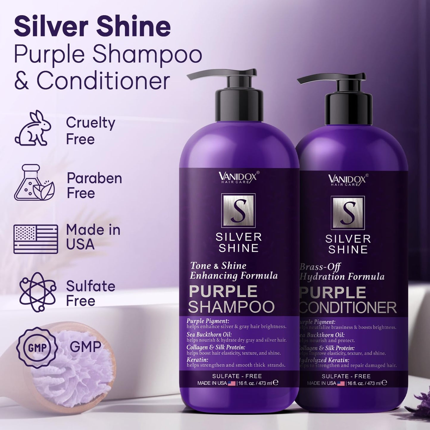 VANIDOX Purple Shampoo & Conditioner Set for Gray & Silver Hair, Sulfate-Free, Moisturizing, Color-Safe, Boosts Shine & Brightness, 16 fl oz Each
