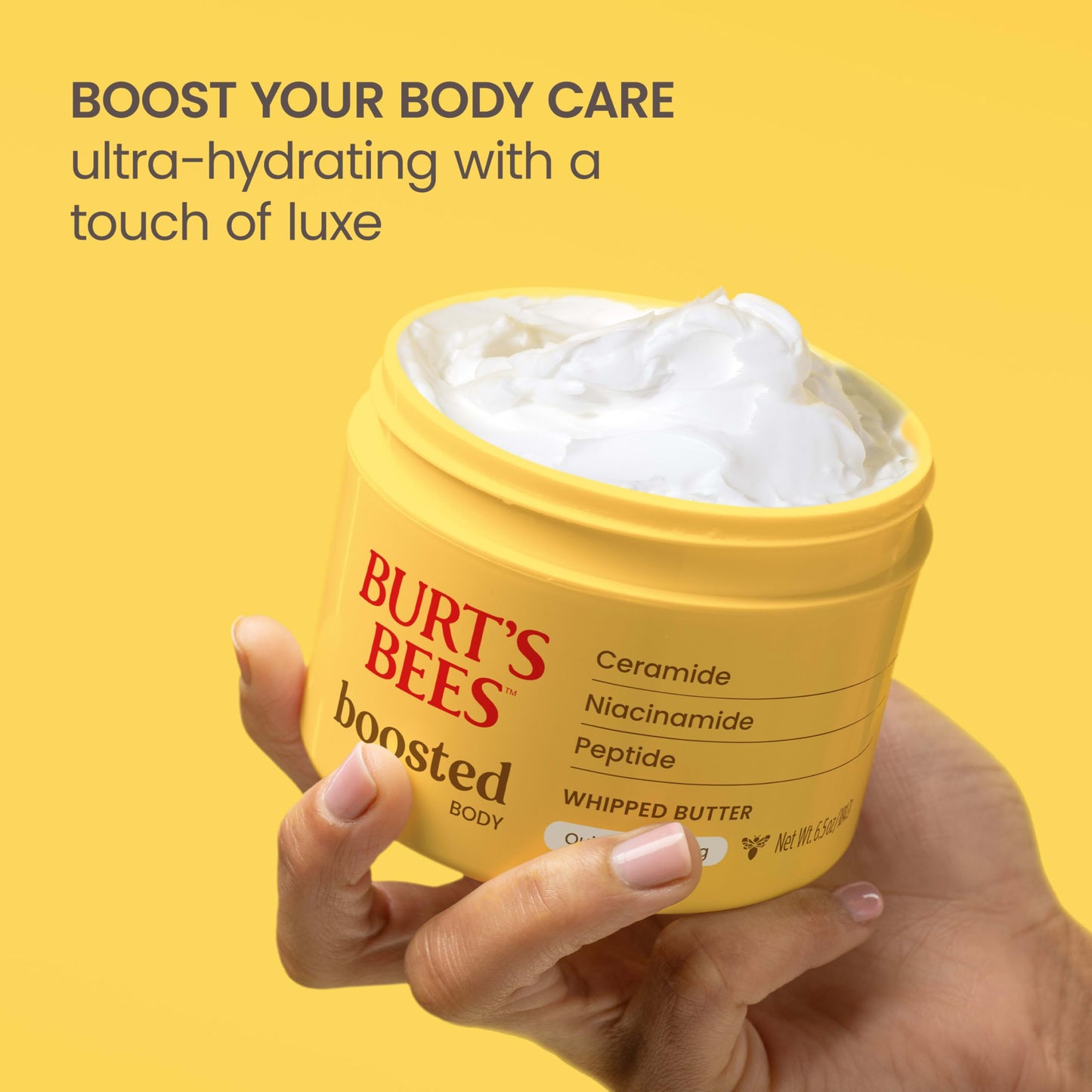 Burt's Bees Boosted Body Whipped Butter with Ceramide, Niacinamide & Peptides, Quick-Absorbing, Skin Barrier Support, Tropical 6.5oz