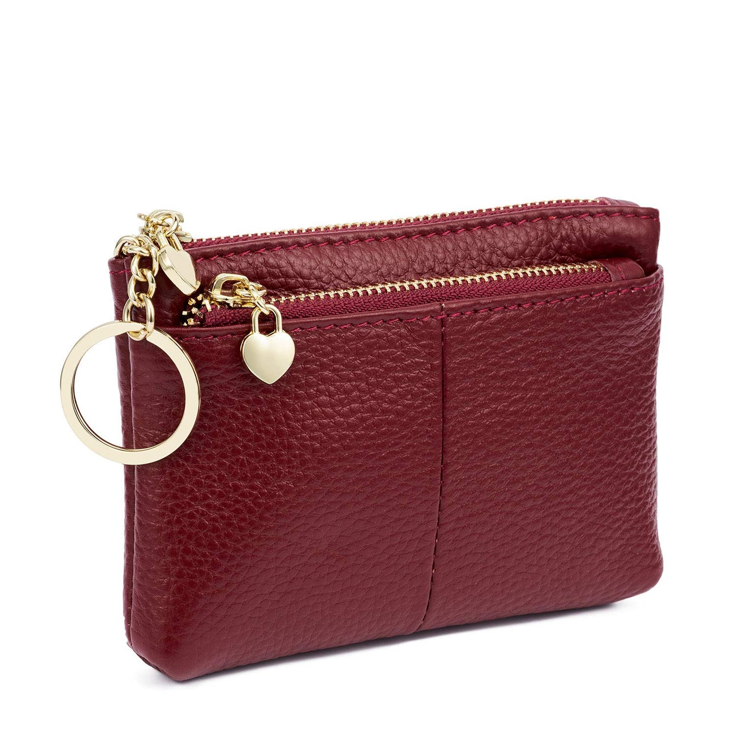ZOOEASS Coin Purse Women Genuine Leather Zip Mini Purse With Key Ring Triple Zipper Card Holder Wallet(Wine Red)
