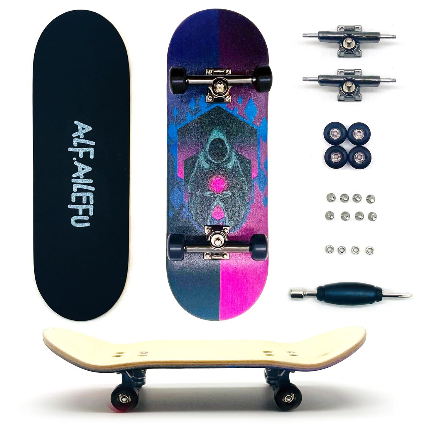 ALFAILEFU Pro Fingerboard 32mm Wooden Board Professional Finger Skateboard Trucks CNC Wheels with Bearings (Death)