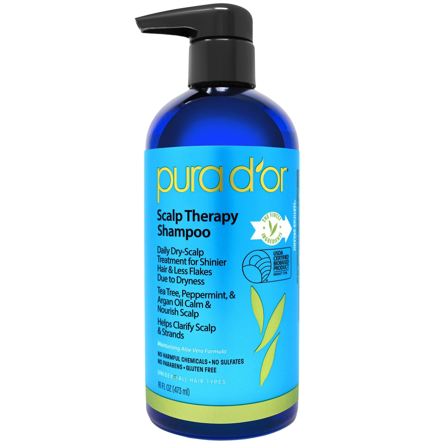 PURA D'OR Therapy Shampoo 16oz – Hydrating & Nourishing Scalp Care for Itchy, Flaky Scalp with Tea Tree, Peppermint & Argan Oil