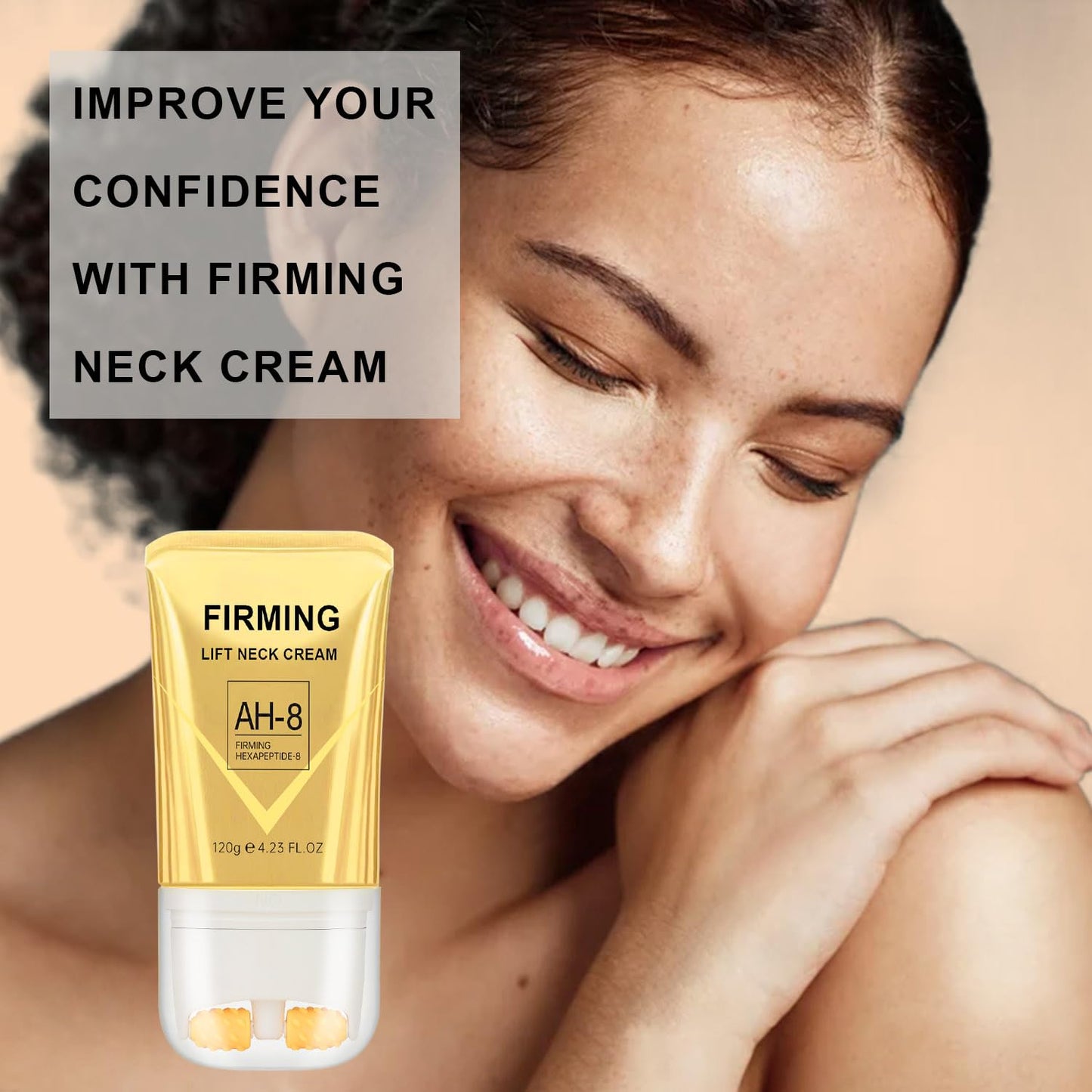 AH-8 Neck Firming Cream with Roller – Deep Moisturizing, Lifts & Firms Crepey Skin for Men & Women, 4.21 FL OZ, Gold