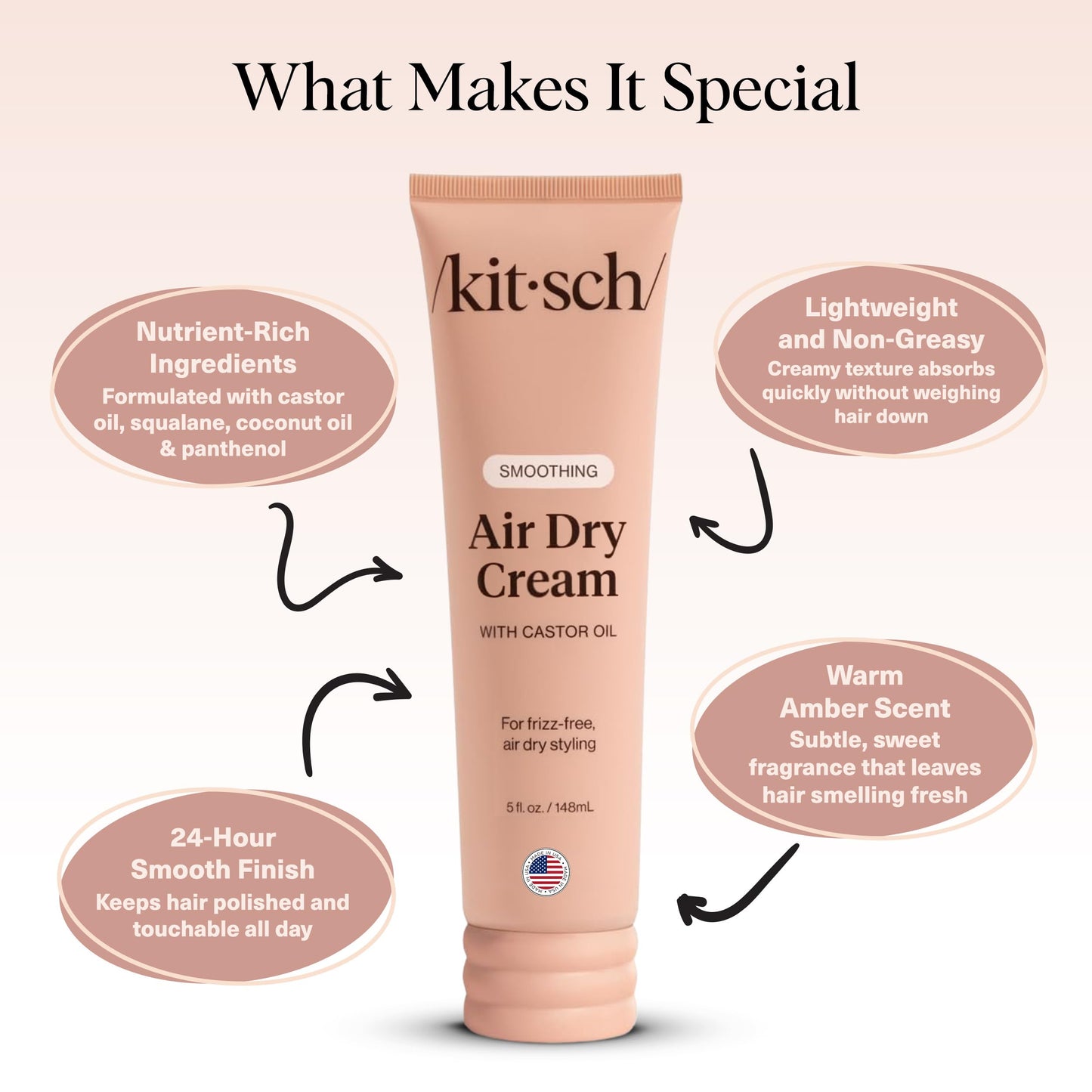 Kitsch Smoothing Air Dry Cream – Frizz Control Styling Cream with Castor & Coconut Oil – Enhances Natural Texture, 24-Hour Smooth Finish, 5 oz