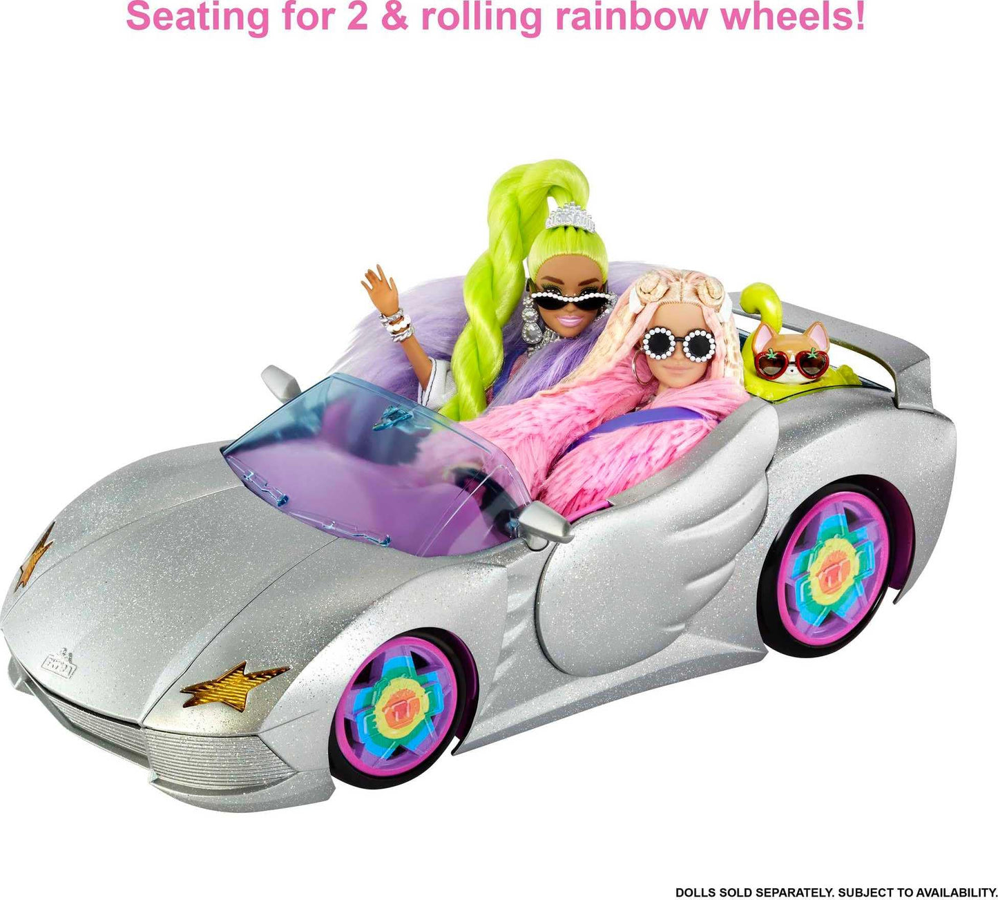 Barbie Extra Toy Car with Fashion Accessories & Puppy, Sparkly Silver 2-Seater Convertible with Hood Storage & Pet Pool, Sized for Fashion Dolls