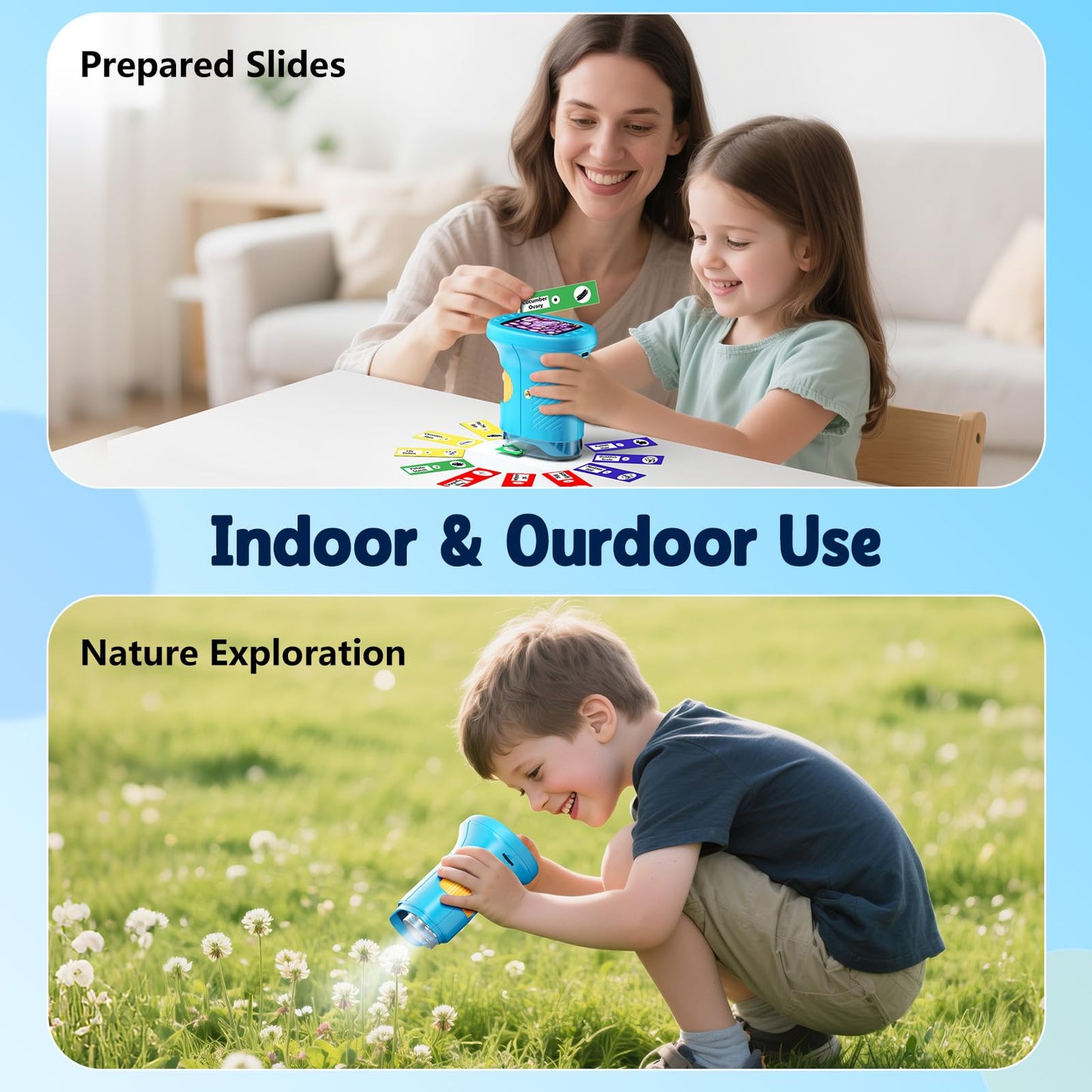 1000X Handheld Kids Microscope with 4K 2.4" Screen, 12 Slides, Portable Educational Toy Gift for Ages 3-12 (Blue)