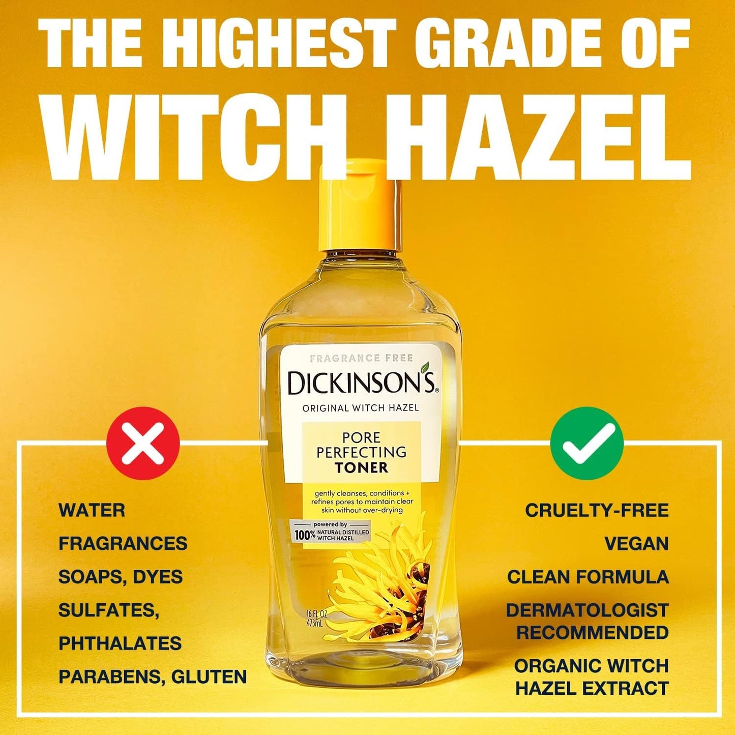 Dickinson's Witch Hazel Pore Perfecting Toner, 100% Natural, Refines Pores, Removes Oil & Impurities, 16 fl oz, America's #1