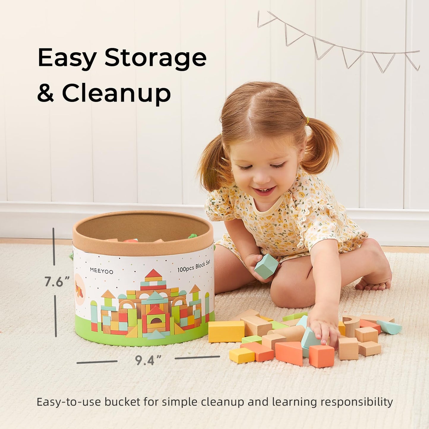 MEEYOO 100pcs Wooden Building Blocks for Toddlers 1-3, Montessori Toys with Storage Bucket, Baby Shower Gift for Boys & Girls