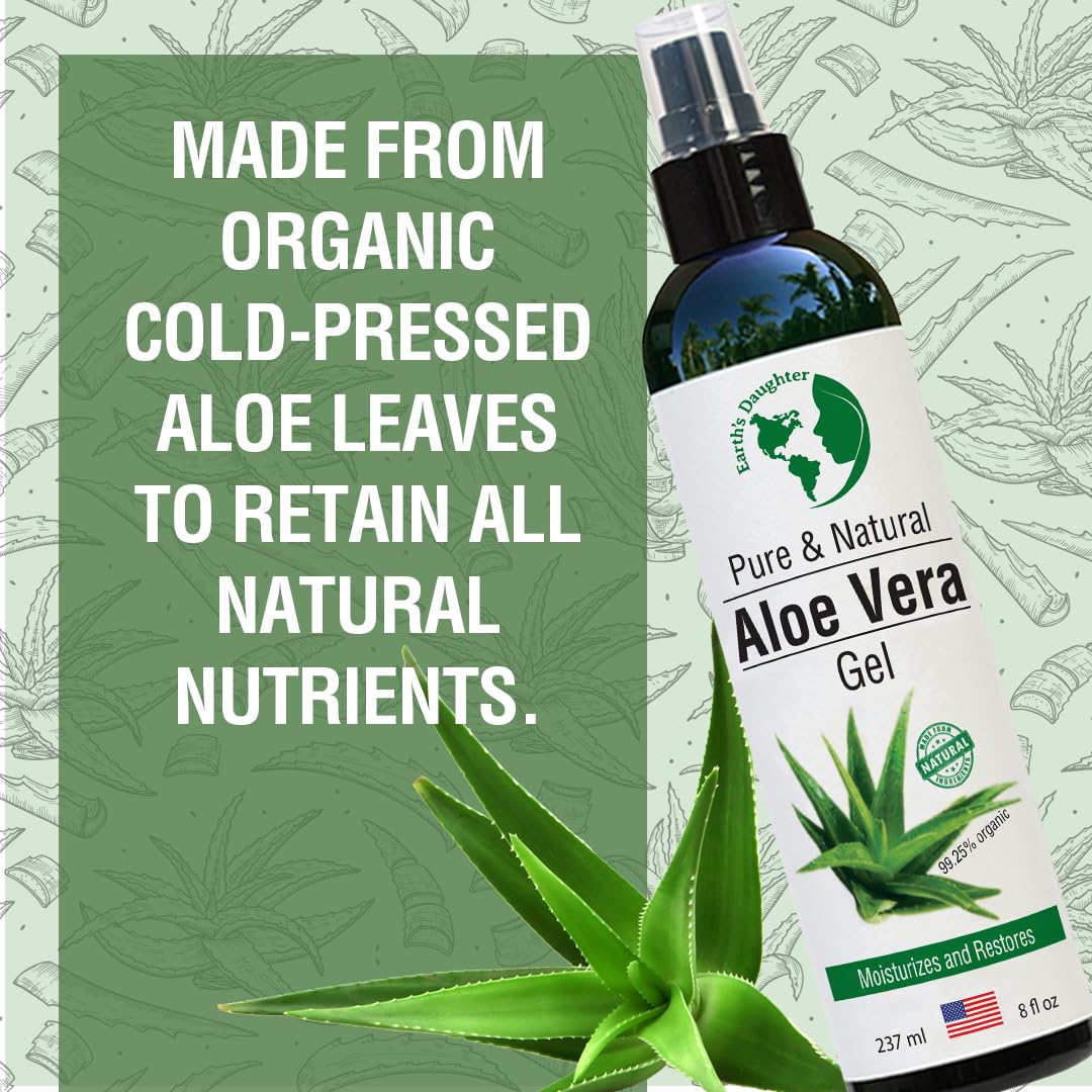 Earth's Daughter Organic Aloe Vera Gel, 100% Pure Cold-Pressed - Soothes Face, Hair, Acne, Sunburn, Bug Bites, Rashes & Eczema, 8oz
