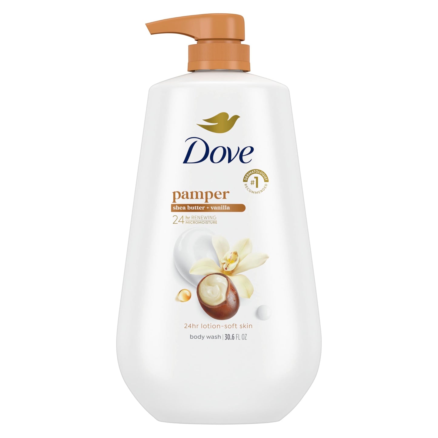 Dove Body Wash with Pump Pamper Shea Butter & Vanilla for 24hr Lotion-Soft Skin Moisturizing Skin Cleanser with No Sulfates No Parabens 30.6 oz